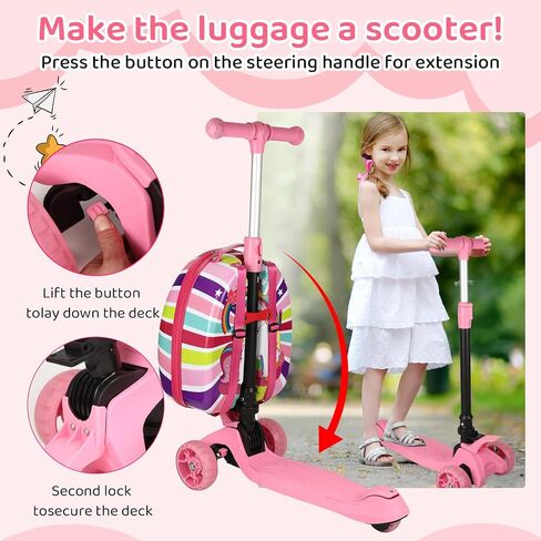 3-in-1 Ride-On Scooter Suitcase, Hardside Ride On Suitcase For Kids Ages 4-15 with LED Light-Up Wheels, Retractable Handle, Foldable & Detachable Scooter Travel Trolley Ride On Luggage-Pink in Saudi Arabia