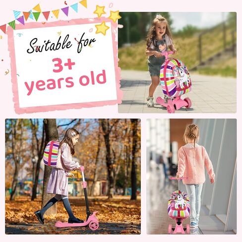 3-in-1 Ride-On Scooter Suitcase, Hardside Ride On Suitcase For Kids Ages 4-15 with LED Light-Up Wheels, Retractable Handle, Foldable & Detachable Scooter Travel Trolley Ride On Luggage-Pink in Saudi Arabia