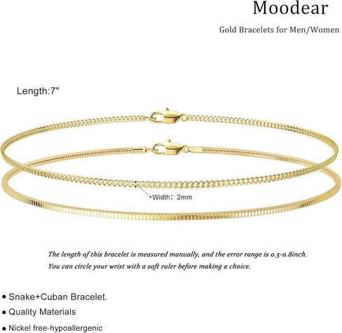 Moodear Trendy 7Inches Chain Men Bracelets Set - Thin 14K Gold Plated 2mm Snake Cuban Bracelet for Mens Dainty Jewelry Gifts in Saudi Arabia