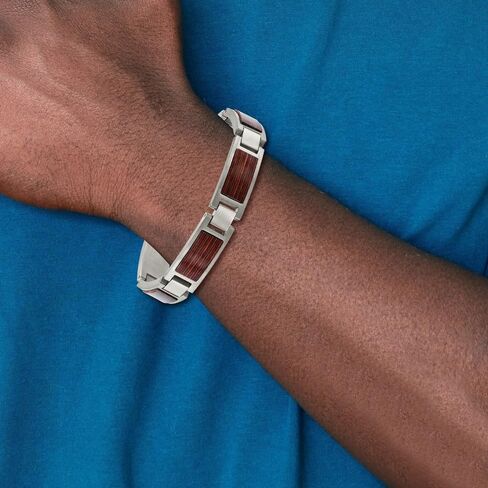 Stainless Steel Brushed with Wood Inlay Link Chain Bracelet 8.75" in Kuwait