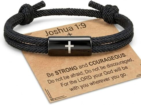 Cross Bracelet for Men or Godson - Adjustable Black Rope Stainless Steel Religious Jewelry, First Communion & Confirmation Bible Verse Faith Gift for Him in Saudi Arabia