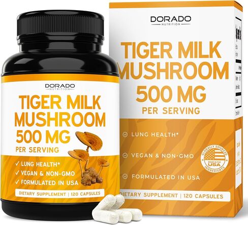 Tiger Milk Mushroom Supplement (120 Capsules, 500mg Per Serving) Premium Tiger Milk Mushroom for Lungs and Immune Support - Lignosus Lung Supplement for Adult - Third Party Tested, NON GMO & USA Made in Saudi Arabia