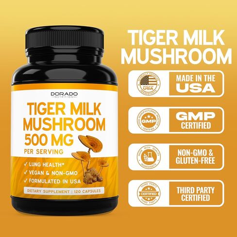 Tiger Milk Mushroom Supplement (120 Capsules, 500mg Per Serving) Premium Tiger Milk Mushroom for Lungs and Immune Support - Lignosus Lung Supplement for Adult - Third Party Tested, NON GMO & USA Made in Saudi Arabia