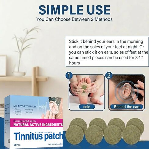 Tinnitus Relief for Ringing Ears, 50 PSC Tinnitus Relief Patch for Buzzing Roaring and Clicking, Ear Ringing Support with Mild Ingredients, Soothing Ear Health Patch for Women Men, Breathable Material in Saudi Arabia