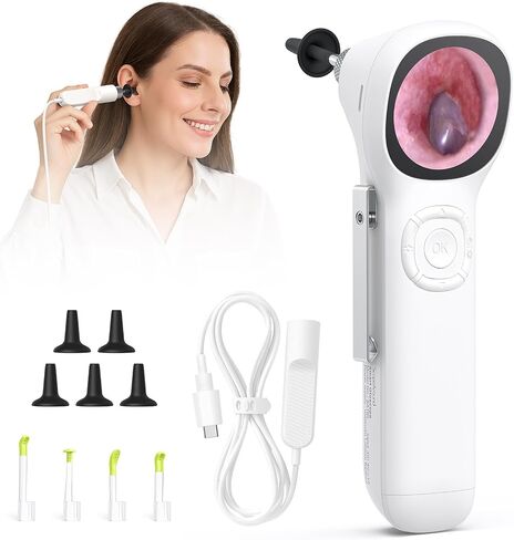 ScopeAround Otoscope with Light, 1.45" IPS Display Digital Otoscope, 3.9mm Ear Camera with Ear Wax Removal Tools, Ear Scope with Extention Cable, 6 LED Lights, Capture Photos Videos, White in Kuwait