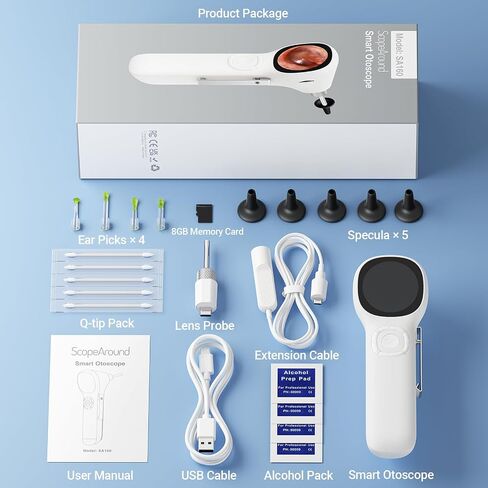ScopeAround Otoscope with Light, 1.45" IPS Display Digital Otoscope, 3.9mm Ear Camera with Ear Wax Removal Tools, Ear Scope with Extention Cable, 6 LED Lights, Capture Photos Videos, White in Kuwait