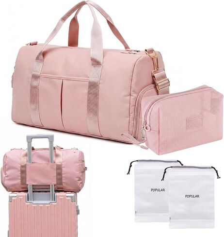 AZY 4PCS Pink Duffle Bag Set – Girls Travel Weekender with Shoe Compartment, Carry-On Overnight Duffel with Mesh Makeup Bag & 2 Drawstring Bags in Saudi Arabia