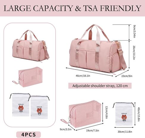 AZY 4PCS Pink Duffle Bag Set – Girls Travel Weekender with Shoe Compartment, Carry-On Overnight Duffel with Mesh Makeup Bag & 2 Drawstring Bags in Saudi Arabia