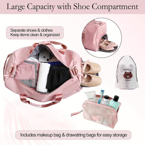 AZY 4PCS Pink Duffle Bag Set – Girls Travel Weekender with Shoe Compartment, Carry-On Overnight Duffel with Mesh Makeup Bag & 2 Drawstring Bags in Saudi Arabia