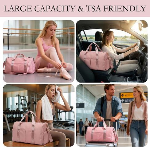 AZY 4PCS Pink Duffle Bag Set – Girls Travel Weekender with Shoe Compartment, Carry-On Overnight Duffel with Mesh Makeup Bag & 2 Drawstring Bags in Saudi Arabia