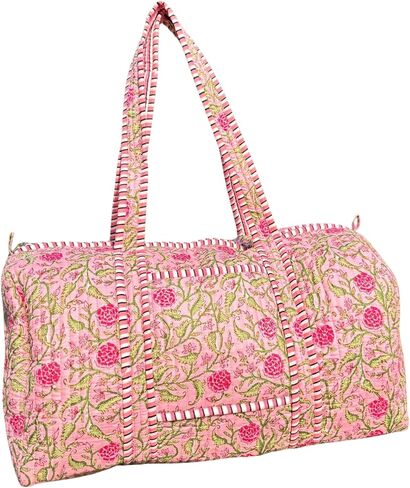 Large rose pink Cotton Quilted Duffle Bags Block Print Gifts Handmade Colorful Travel Night Travel Gym Yoga Luggage Pocket 18X9X9 inches in Saudi Arabia
