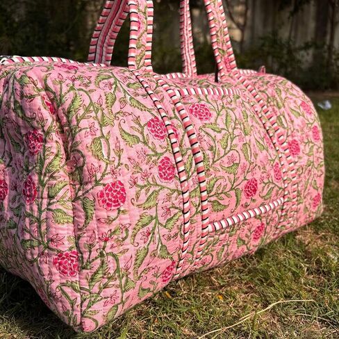 Large rose pink Cotton Quilted Duffle Bags Block Print Gifts Handmade Colorful Travel Night Travel Gym Yoga Luggage Pocket 18X9X9 inches in Saudi Arabia