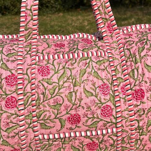 Large rose pink Cotton Quilted Duffle Bags Block Print Gifts Handmade Colorful Travel Night Travel Gym Yoga Luggage Pocket 18X9X9 inches in Saudi Arabia