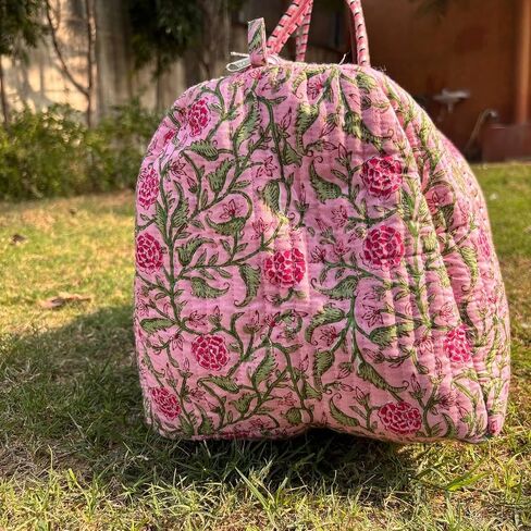 Large rose pink Cotton Quilted Duffle Bags Block Print Gifts Handmade Colorful Travel Night Travel Gym Yoga Luggage Pocket 18X9X9 inches in Saudi Arabia