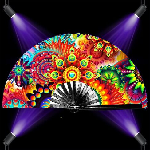 13‘’ UV Glow Large Rave Fan for Men Women, Decorative Folding Hand Fan for Party, Home Decoration, Gift, Music Festival Essential, Rave Accessories (Sun Flowers) in Saudi Arabia