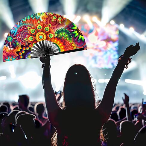13‘’ UV Glow Large Rave Fan for Men Women, Decorative Folding Hand Fan for Party, Home Decoration, Gift, Music Festival Essential, Rave Accessories (Sun Flowers) in Saudi Arabia