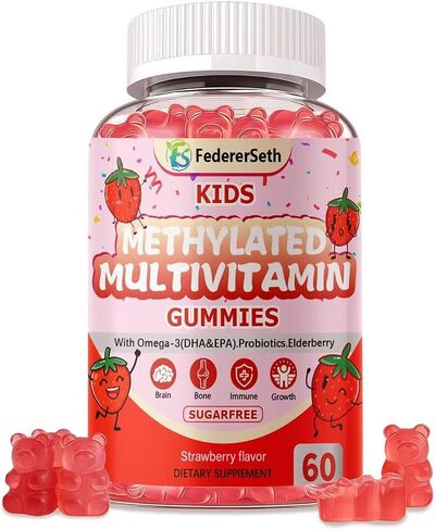 Methylated Multivitamin Kids Gummies + Omega3, Methylfolate & B12, Calcium, Probiotics, Elderberry, for Kids & Teens. Multivitamin for Growth, Immune, Bone, Brain, Focus, No Sugar - 60 Count in Saudi Arabia