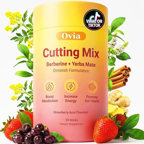 Ovia Cutting Drink Mix, Strawberry Açaí Flavor – Berberine,Chromium,Yerba Mate,Energy & Gut Health – 30 Servings in Saudi Arabia