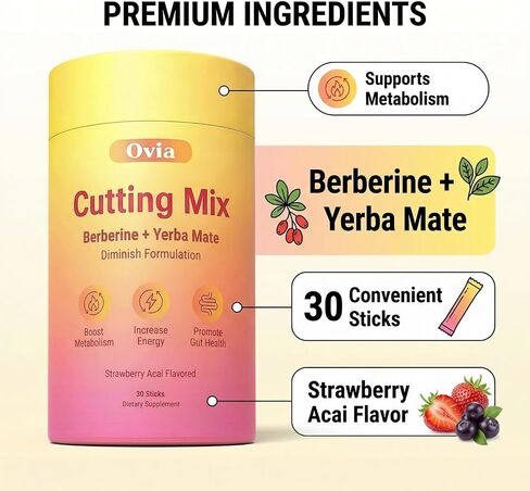 Ovia Cutting Drink Mix, Strawberry Açaí Flavor – Berberine,Chromium,Yerba Mate,Energy & Gut Health – 30 Servings in Saudi Arabia