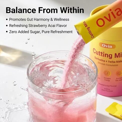Ovia Cutting Drink Mix, Strawberry Açaí Flavor – Berberine,Chromium,Yerba Mate,Energy & Gut Health – 30 Servings in Saudi Arabia