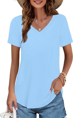 Elesomo Womens T Shirts V Neck Summer Short/Long Sleeve Cotton Tops Tees in Saudi Arabia