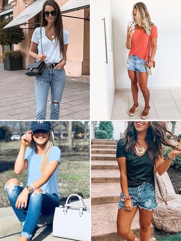 Elesomo Womens T Shirts V Neck Summer Short/Long Sleeve Cotton Tops Tees in Saudi Arabia