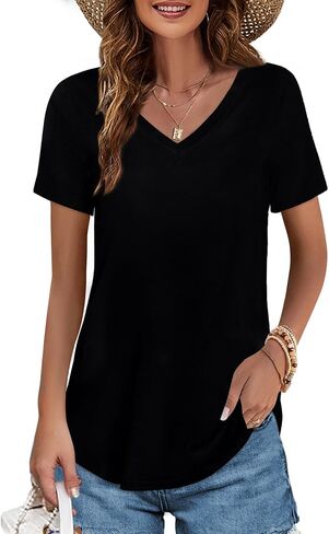Elesomo Womens T Shirts V Neck Summer Short/Long Sleeve Cotton Tops Tees in Saudi Arabia
