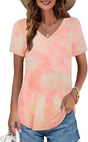 Elesomo Womens T Shirts V Neck Summer Short/Long Sleeve Cotton Tops Tees in Saudi Arabia