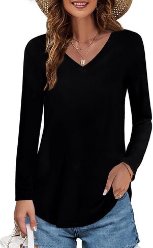 Elesomo Womens T Shirts V Neck Summer Short/Long Sleeve Cotton Tops Tees in Saudi Arabia