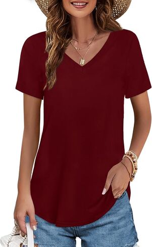 Elesomo Womens T Shirts V Neck Summer Short/Long Sleeve Cotton Tops Tees in Saudi Arabia