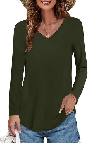 Elesomo Womens T Shirts V Neck Summer Short/Long Sleeve Cotton Tops Tees in Saudi Arabia