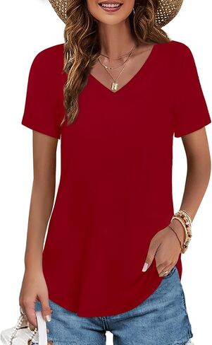 Elesomo Womens T Shirts V Neck Summer Short/Long Sleeve Cotton Tops Tees in Saudi Arabia