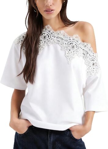 Lace Trim Off the Shoulder Top for Women Summer Relaxed Fit Boat Neck Short Sleeve T-Shirts Casual Daily Date Tee in Saudi Arabia