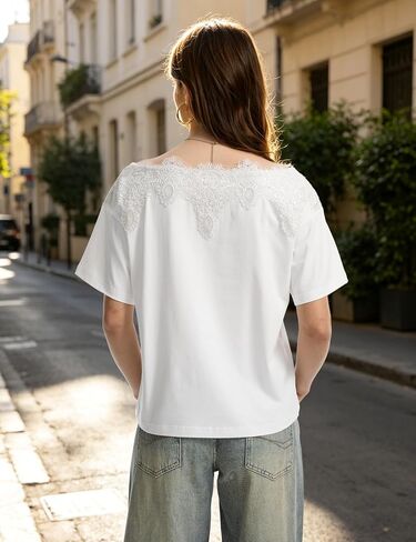 Lace Trim Off the Shoulder Top for Women Summer Relaxed Fit Boat Neck Short Sleeve T-Shirts Casual Daily Date Tee in Saudi Arabia