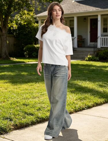 Lace Trim Off the Shoulder Top for Women Summer Relaxed Fit Boat Neck Short Sleeve T-Shirts Casual Daily Date Tee in Saudi Arabia