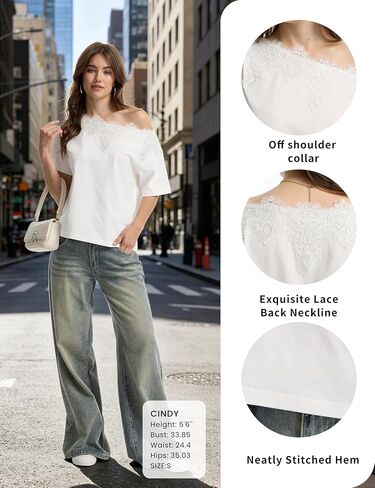 Lace Trim Off the Shoulder Top for Women Summer Relaxed Fit Boat Neck Short Sleeve T-Shirts Casual Daily Date Tee in Saudi Arabia