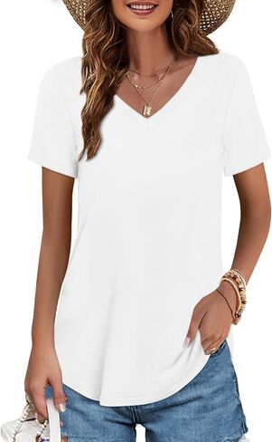 Elesomo Womens T Shirts V Neck Summer Short/Long Sleeve Cotton Tops Tees in Saudi Arabia