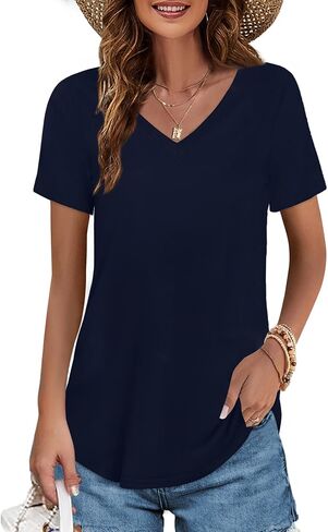 Elesomo Womens T Shirts V Neck Summer Short/Long Sleeve Cotton Tops Tees in Saudi Arabia