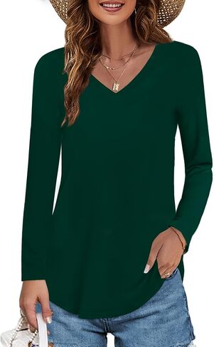 Elesomo Womens T Shirts V Neck Summer Short/Long Sleeve Cotton Tops Tees in Saudi Arabia