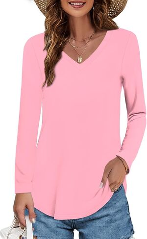 Elesomo Womens T Shirts V Neck Summer Short/Long Sleeve Cotton Tops Tees in Saudi Arabia