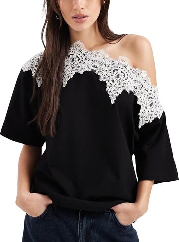 Lace Trim Off the Shoulder Top for Women Summer Relaxed Fit Boat Neck Short Sleeve T-Shirts Casual Daily Date Tee in Saudi Arabia