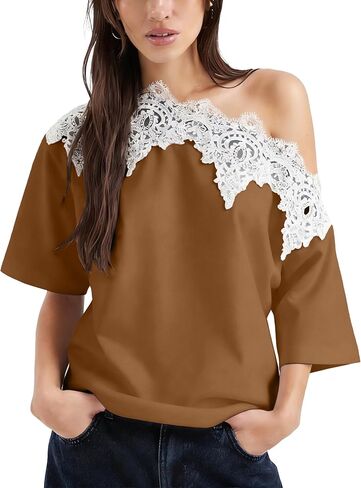 Lace Trim Off the Shoulder Top for Women Summer Relaxed Fit Boat Neck Short Sleeve T-Shirts Casual Daily Date Tee in Saudi Arabia