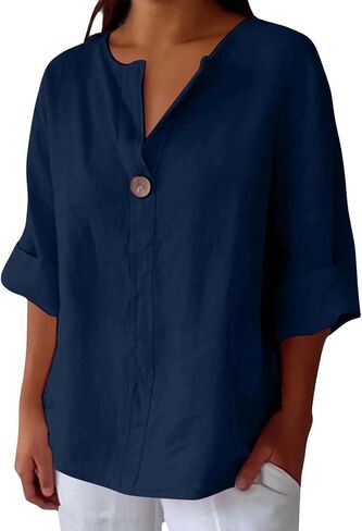 Linen Shirts for Womens Casual Cotton Boho Blouses Short Sleeve Loose Fit V Neck Solid Tunic Tops in Saudi Arabia