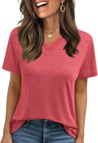 Womens Tops Short Sleeve T Shirts V Neck Lace Tops Spring Summer Basic Casual Trendy Tees Clothes Outfits 2026 in Saudi Arabia