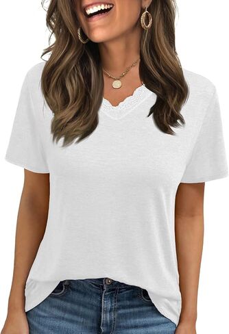 Womens Tops Short Sleeve T Shirts V Neck Lace Tops Spring Summer Basic Casual Trendy Tees Clothes Outfits 2026 in Saudi Arabia