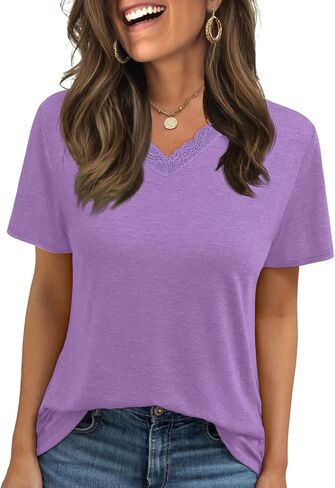 Womens Tops Short Sleeve T Shirts V Neck Lace Tops Spring Summer Basic Casual Trendy Tees Clothes Outfits 2026 in Saudi Arabia
