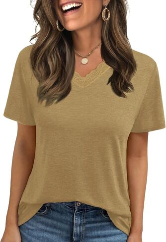 Womens Tops Short Sleeve T Shirts V Neck Lace Tops Spring Summer Basic Casual Trendy Tees Clothes Outfits 2026 in Saudi Arabia
