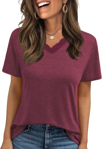 Womens Tops Short Sleeve T Shirts V Neck Lace Tops Spring Summer Basic Casual Trendy Tees Clothes Outfits 2026 in Saudi Arabia