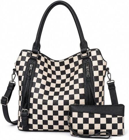 Checkered Purses for Women Large Hobo Shoulder Bag with Multiple Pockets, Vintage Canvas Leather Tote Bags for Work Travel in Saudi Arabia