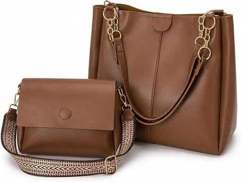 Tote Bag Two-Piece Set for Women, PU Leather Hobo Bag+Shoulder Bag with Embroidered Shoulder Strap, Crossbody Messenger Bag in Saudi Arabia